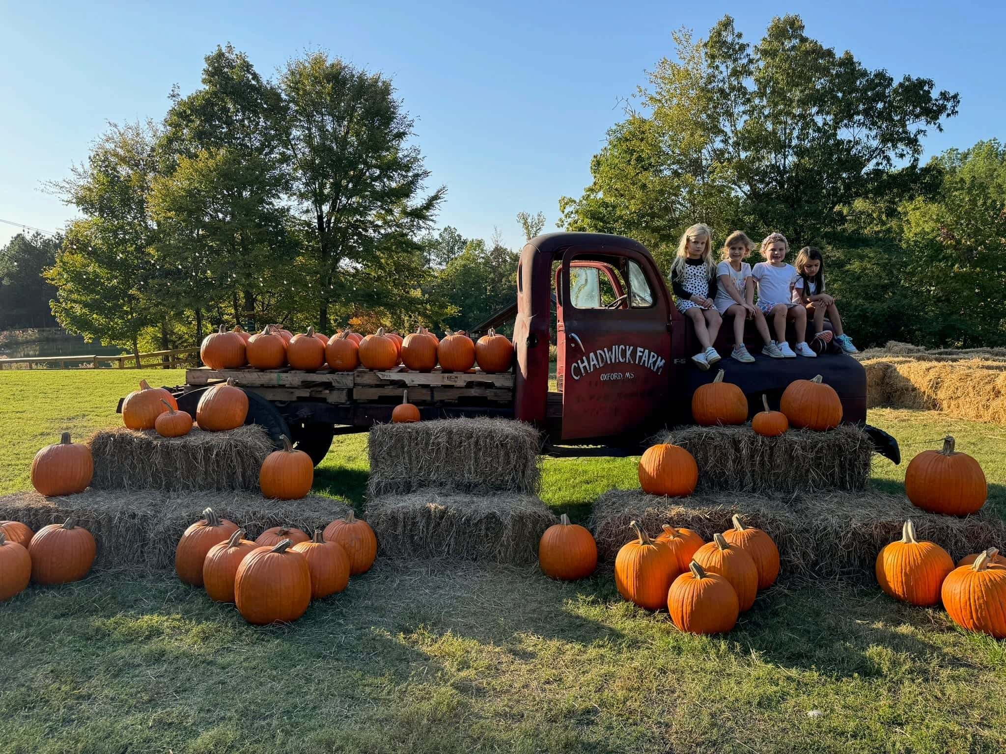 Group of kids sitting in the bed of the Chadwick Farm truck