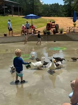 Children playing in the mud pit with a tractor and water hose